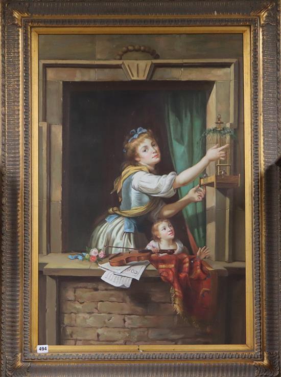 D. Epple, oil on board, Mother and child feeding a cage bird, 90 x 60cm